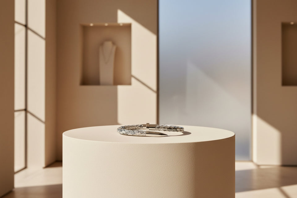 A silver-colored leather bracelet with a nail-like design and stainless steel accents.