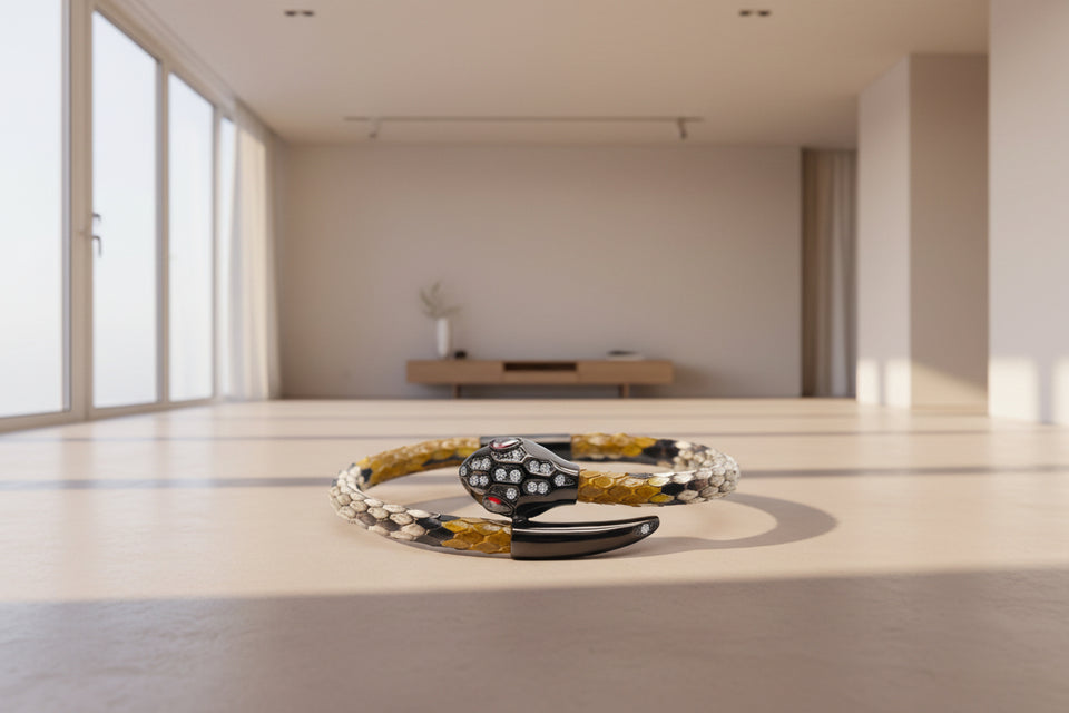 Snake Head Python Leather Bracelet Natural Brown/Black Head with Zirconia