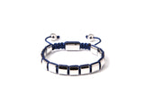 A silver square beaded bracelet with a blue and silver color scheme, featuring a locking clasp.